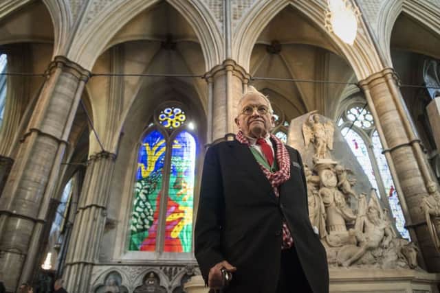 David Hockney in front of The Queen's Window, a new stained glass window at Westminster Abbey he designed and which was created by Barley Studio York, is revealed for the first time. PRESS ASSOCIATION Photo. Picture date: Wednesday September 26, 2018. The window - the artist's first work in stained glass - reflects the Queen's love for and connection with the countryside. See PA story ARTS Hockney. Photo credit should read: Victoria Jones/PA Wire