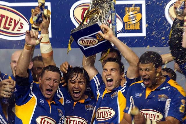 Dave Furner, left, celebrates with Kevin Sinfield as Leeds win their first Super League title in 2004. The Australian now returns as head coach. (SWPix)