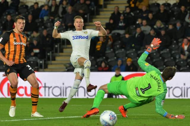 Ezgjan Alioski's shot go's well wide of David Marshall as 
Hull City lost to Leeds United. (Picture: Bruce Rollinson)