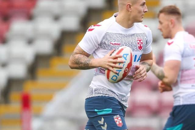 Leeds Rhinos' Liam Sutcliffe warming up for England before his Test debut against France. (SWPix)