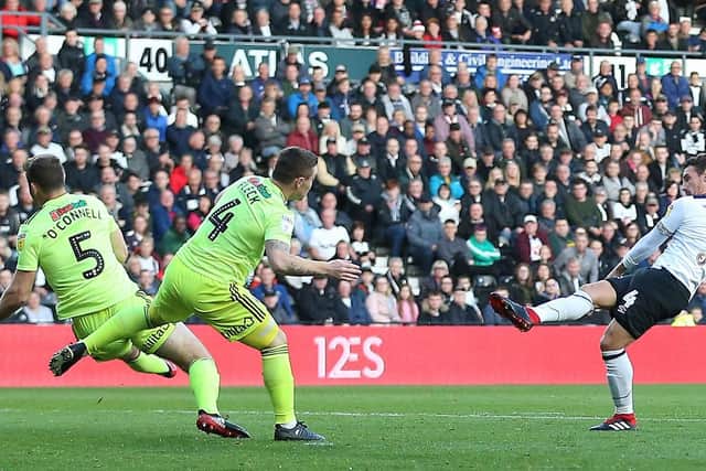 Derby County's Craig Bryson scores after just 19 seconds against Sheffield United. CREDIT: Nigel French/PA Wire