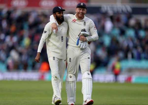 Yorkshire county team-mates Adil Rashid and Jonny Bairstow, seen last month at The Oval. Rashid will line up for England tomorrow in the ODI but Bairstow is injured (Picture: Steven Paston/PA Wire).