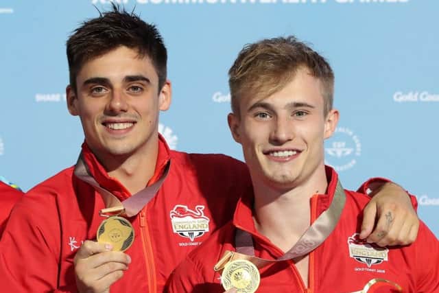 England's Chris Mears and Jack Laugher with 2018 Commonwealth gold medals. PIC: Danny Lawson/PA Wire