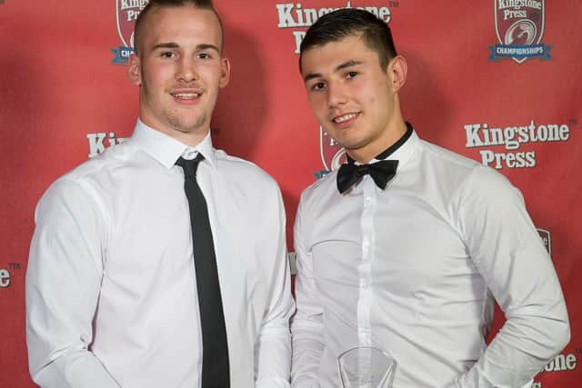 Ben Reynolds, left, having won the 2014 Championship One Young Player of the Year award with York City Knights team-mate James Saltonstall (SWPix)