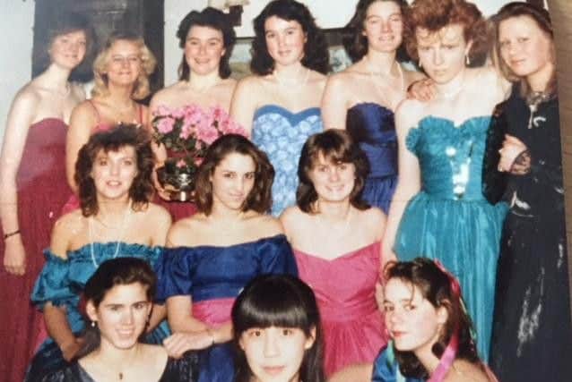 Rina Yasutake (front, centre), pictured with classmates in 1986 at Queen Marys School Duncombe Park, a private girls boarding school near Helmsley