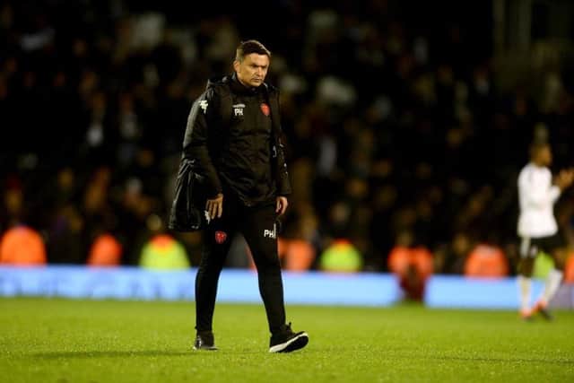 Paul Heckingbottom, looks disconsolate after a 2-0 defeat to Fulham at Craven Cottage in April. Picture: James Hardisty.