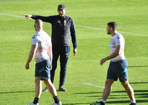 England coach Wayne Bennett issues instructions during Captains Run yesterday ahead of todays first Test against New Zealand at  Hulls KCOM Stadium (Picture: Simon Wilkinson/SWpix.com).