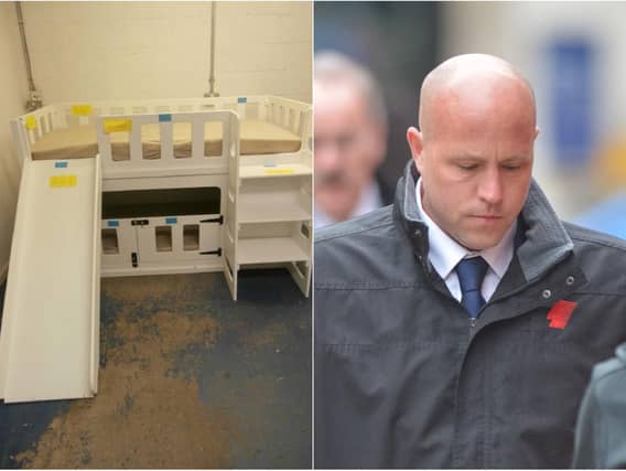 Craig Williams, right, and left, the bed in which little Oscar Abbey died