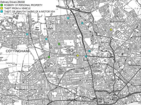 A map showing the locations of some of robberies involving delivery drivers in Hull.