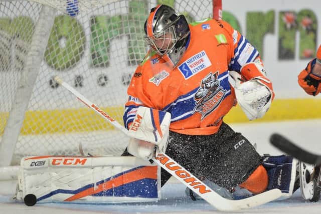 RIVALRY: Sheffield Steelers' goaltender Jackson Whistle, in action during ther ecent defeat to Fife Flyers. Picture: Dean Woolley.