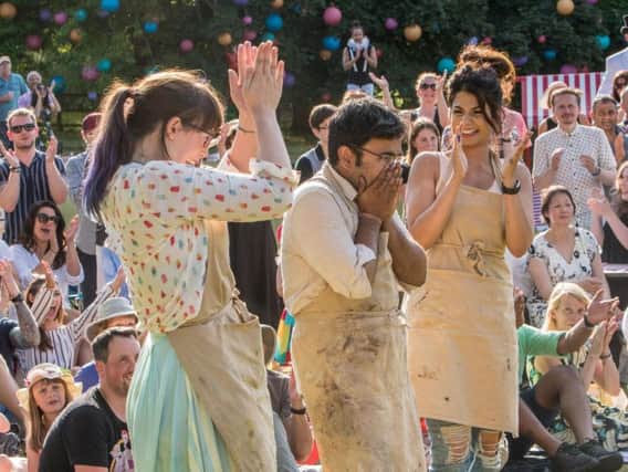 Kim-Joy (left) and Ruby celebrate Rahul (centre), the winning The Great British Bake Off.
Photo: C4/Love Productions/Mark Bourdillon/PA Wire
