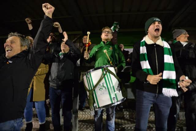 Bradford (Park Avenue) fans bang the drum for their side following their first goal in last nights National League North 2-2 draw at Horsfall Stadium (Picture: Bruce Rollinson).