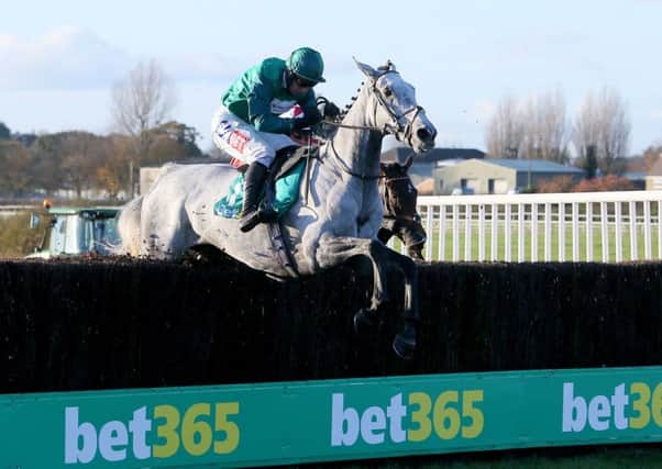 Daryl Jacob and Bristol De Mai clear the last fence in the 2017 Charlie Hall Chase at Wetherby.