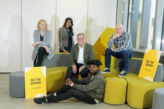 30 May 2018......  The city of Leeds shortlisted foir the new HQ for Channel 4.
Sally Joynson (Screen Yorkshire) Suman Hanif (film maker), Roger marsh (chair Leeds City Region), Dave-O (musical artist), Andrew Sheldon (True North). Picture Tony Johnson.