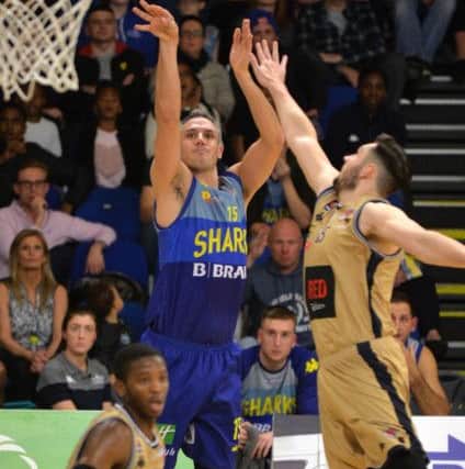 ON TARGET: Mike Tuck scores for Sheffield Sharks in the recent BBL clash against Glasgow Rocks at EIS Sheffield.  Picture Bruce Rollinson