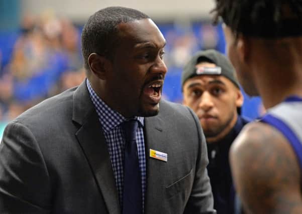 LEADING THE WAY:  Sheffield Sharks' head coach Atiba Lyons gets his message across in the recent BBL encounter against Glasgow Rocks at EIS Sheffield.  Picture: Bruce Rollinson