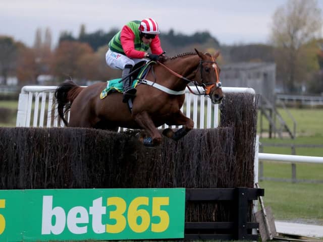 Definitly Red and Danny Cook clear the last in the bet 365 Charlie Hall Chase.