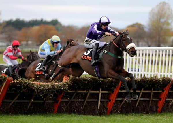 Lady Buttons and Adam Nicol clear the last in the Mares' Hurdle at Wetherby.
