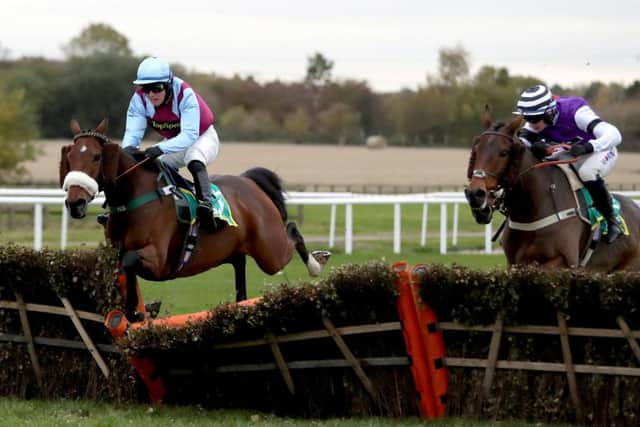 Nautical Nitwit and Tommy Dowson (left) clear the last in the West Yorkshire Hurdle on a day to remember for the Phil Kirby stable.