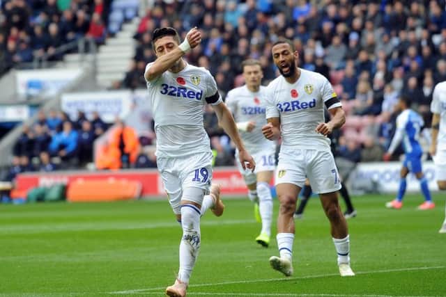 Pablo Hernandez runs away to celebrate after equalising for Leeds United at Wigan Athletic (Picture: Simon Hulme).