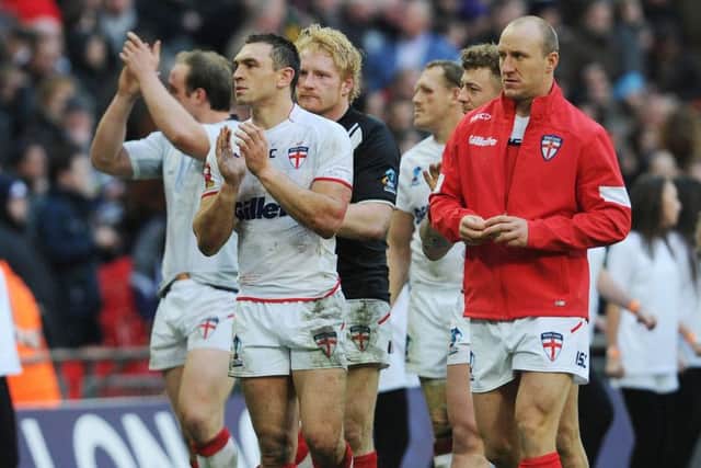 BEEN THERE: England's Kevin Sinfield (centre) applauds the fans after losing to New Zealand during the World Cup Semi Final at Wembley in 2013. Picture: Anna Gowthorpe/PA