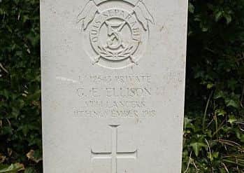 The headstone on the tgrave of Private George Ellison, the last British soldier to be killed in the Great War.