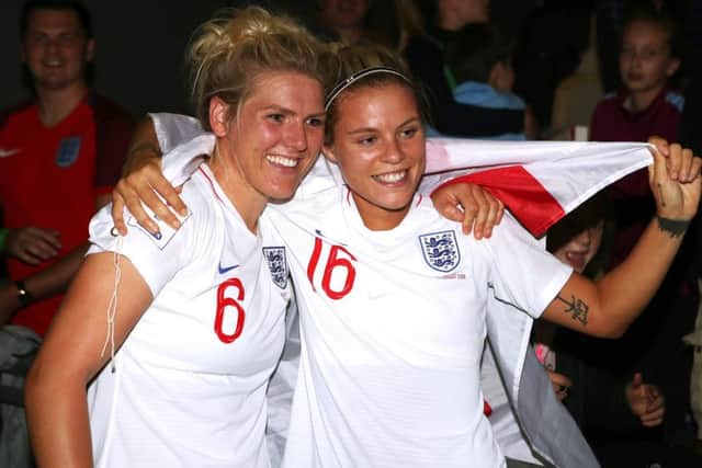 England Women's Rachel Daly (right) and Millie Bright celebrate victory after the FIFA Women's World Cup qualifying, group 1 match at Rodney Parade, Newport. (Picture: Nick Potts/PA Wire)