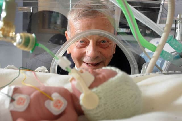 8 November  2018......    Dickie Bird on the new neonatal unit at Barnsley Hospital, which he gave a Â£70,000 donation to help fund.
NOTE BABY IS NOT REAL Picture Tony Johnson.