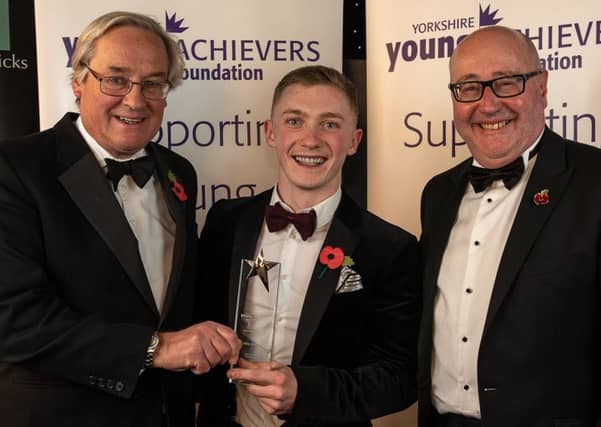 Personality of the Year, presented to Nile Wilson by Simon Mackaness on behalf of Rudding Park. Also pictured Peter McCormick. Image by Kate Mallender