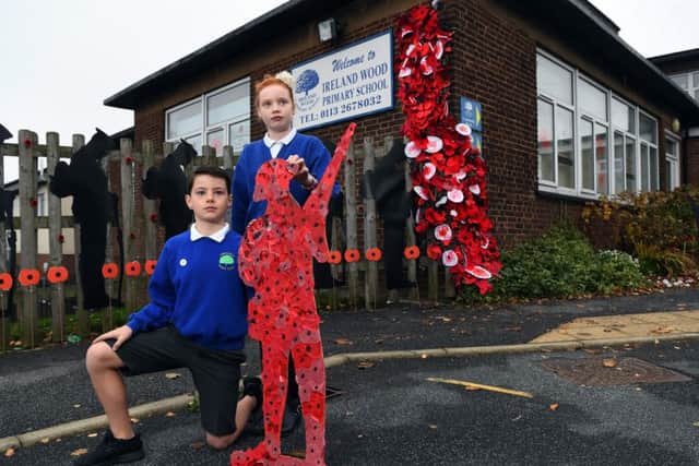 Ireland Wood Primary School marked the 100th anniversary of Armistice by creating a poppy cascade inspired by the installation at the Tower of London. Pictured pupils Oliver Normanton and Abigail Barker.