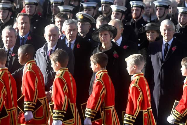 (left to right) Ian Blackford, David Cameron, Jeremy Corbyn, Gordon Brown, Prime Minister Theresa May and John Major during the remembrance service at the Cenotaph memorial in Whitehall, central London, on the 100th anniversary of the signing of the Armistice which marked the end of the First World War.: