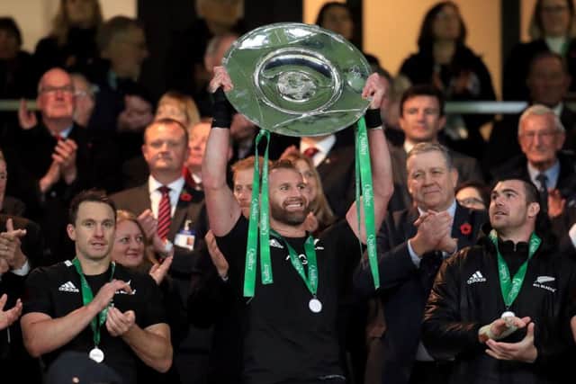 New Zealand's Kieran Read lifts the Quilter International trophy after winning the Quilter International match at Twickenham Stadium, London. (Picture: Mike Egerton/PA Wire)