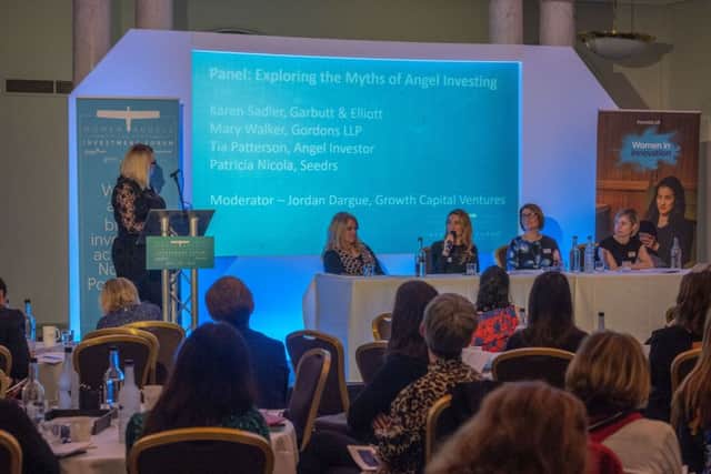 Date: 12th November 2018.
Picture James Hardisty.
Women Angles Of The North Investment Forum held at The Queens Hotel, Leeds. Pictured Guest speakers (left to right) Tia Patterson, Angel Investor, Patricia Nicola, Seedrs, Mary Walker, Gordons LLP, and Karen Sadler, Garbutt & Elliott.