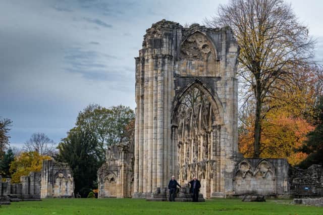 Date:8th November 2018.
Picture James Hardisty.
YP Magazine..........(left to right) Professor Peter Hogarth, and Ewan Anderson, who has written a new book about York Museum Gardens and it's history, pictured near the ruins of St Mary's Abbey, within the grounds of York Museum Gardens.