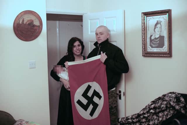 Adam Thomas and his partner Claudia Patatas with their new born baby they named Adolf. Mr Thomas, 22, and Ms Patatas, 38,  have been found guilty of being members of the extreme right-wing organisation National Action, which was banned in 2016