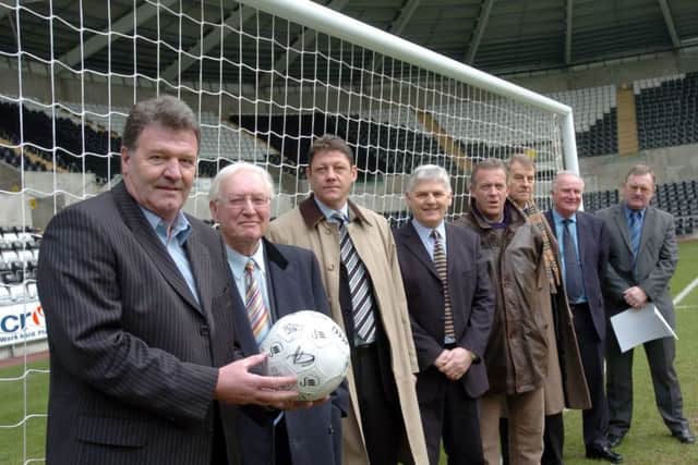 Dave Stewart, pictured third from right, is pictured with his former Swansea City team-mates at the Liberty Stadium, marking the anniversary of the South Wales club earning promotion to the old Divission One back in May 1981.