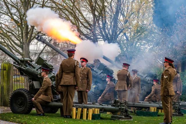Royal Gun Salute in the York Museum Gardens, York,  to celebrate Prince Charles, The Prince of Wales's 70th birthday.