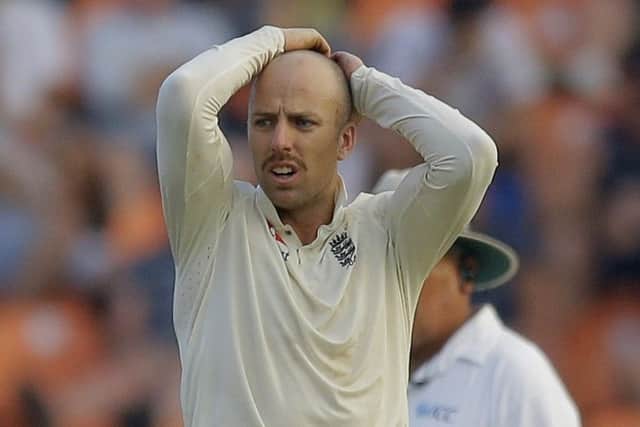 England's Jack Leach reacts after delivering a ball to Sri Lanka's Malinda Pushpakumara. (AP Photo/Eranga Jayawardena)