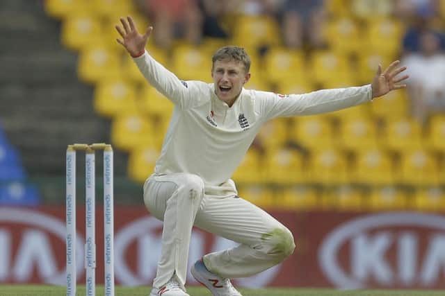 England's captain Joe Root unsuccessfully appeals for the wicket of Sri Lanka's Dilruwan Perera in Pallekele. Picture: AP/Eranga Jayawardena.