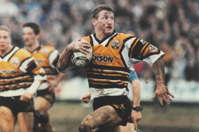 BACK THEN: Simon Middleton scorches away for a try for Castleford against Keighley.