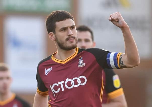 Bradford City's Anthony O'Connor: Celebrating scoring his side's goal at Peterborough.