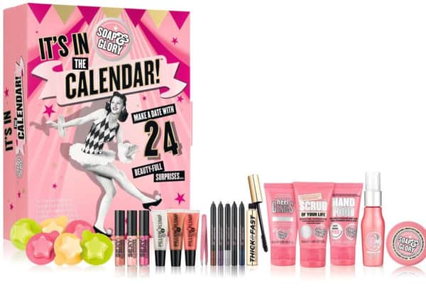 Soap & Glory It's In The Calendar: 
Filled with 24 days of soaprises (see what they did there?) featuring classic pampering favourites including Scrub of your Life, Hand Food, lip plumps, glosses, mascara, bath treats, balms and tweezers. All in handy sizes for out and about over the festive season. Add it all up and it would cost Â£54 but it's Â£40 at Boots.
