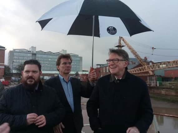left to right:  Major projects manager, Garry Taylor, deputy council leader Coun Daren Hale, Lord Mandelson