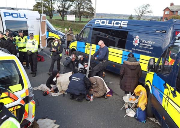 Police at a fracking protest in Lancashire.