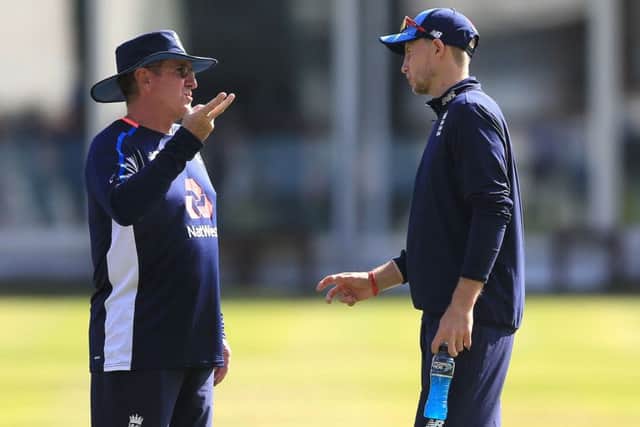 England's captain Joe Root (right) talks to head coach Trevor Bayliss during the nets session at Lord's, London.