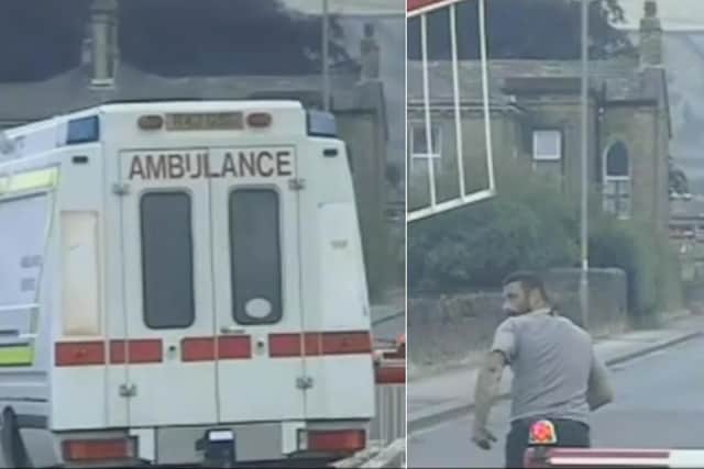 The video shows the ambulance being abandoned on railway tracks as the driver flees