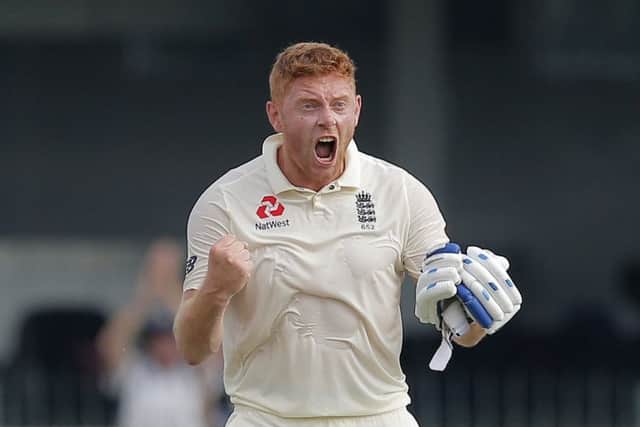 England's Jonny Bairstowshows his delight on reaching a century against Sri Lanka on day one in Colombo. AP/Eranga Jayawardena