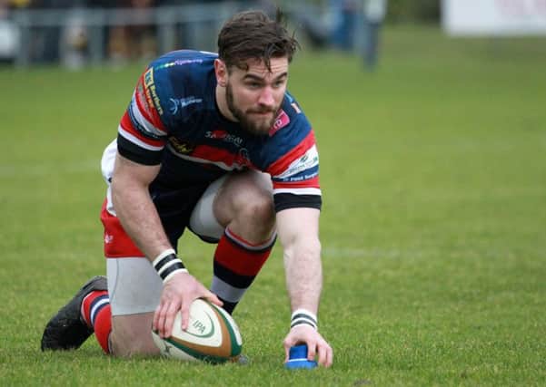 Action from Doncaster Knights v Jersey at Castle Park. Knights player Dougie Flockhart in action.