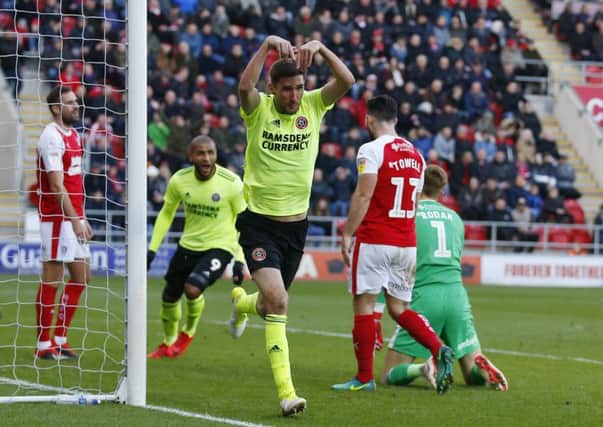 Chris Basham of Sheffield United celebrates scoring what they believed was the winner against Rotherham United (Picture: Simon Bellis/Sportimage)