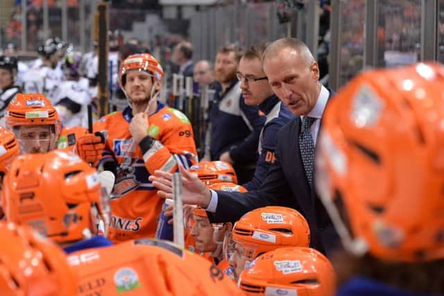 NOW HEAR THIS: Tom Barrasso gets his message across to the Sheffield Steelers' players on Sunday night. Picture: Dean Woolley.
